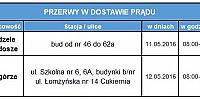 Przerwa w dostawie prądu 11,12 maja 2016 r.