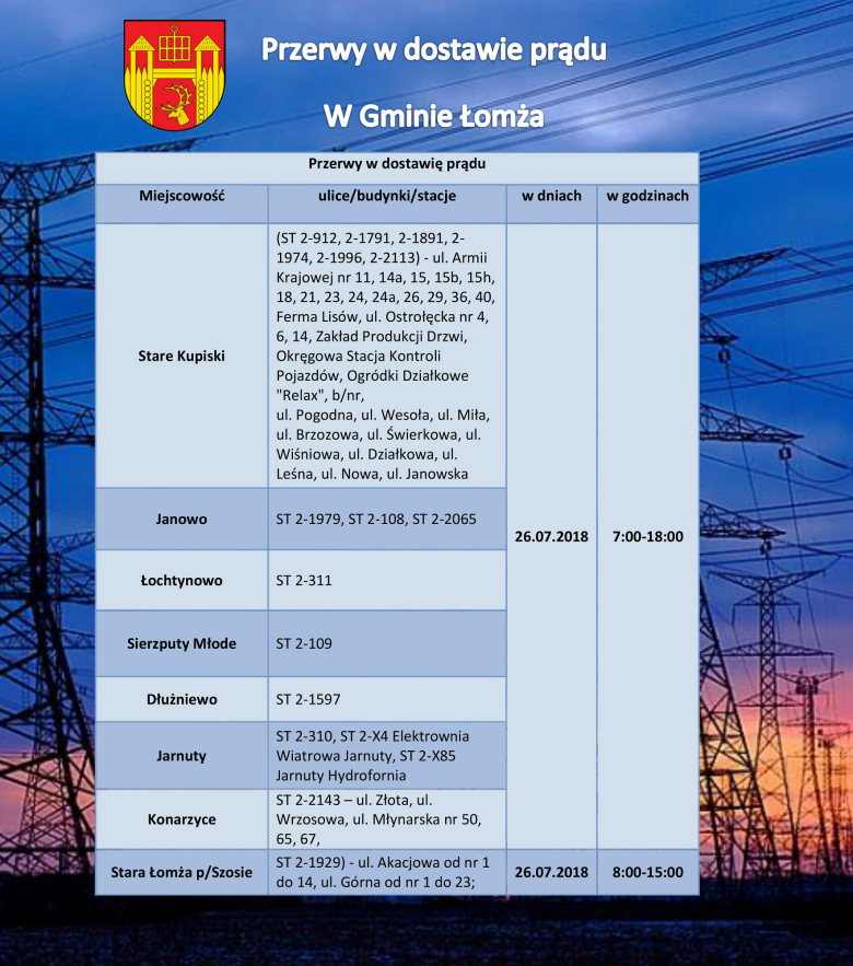 Przerwy w dostawie prądu 26 lipca