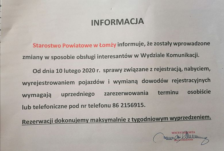 Zmiany w obsłudze interesantów w Wydziale Komunikacji w Starostwie Powiatowym w Łomży