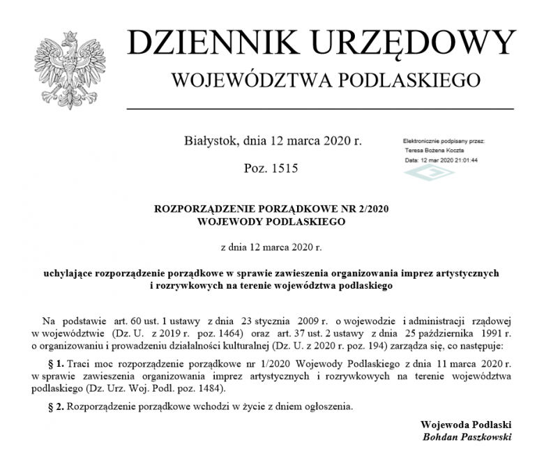 Zarządzenie w spr. zawieszenia organizowania imprez artyst. i rozrywkowych na ter. woj. podlaskiego