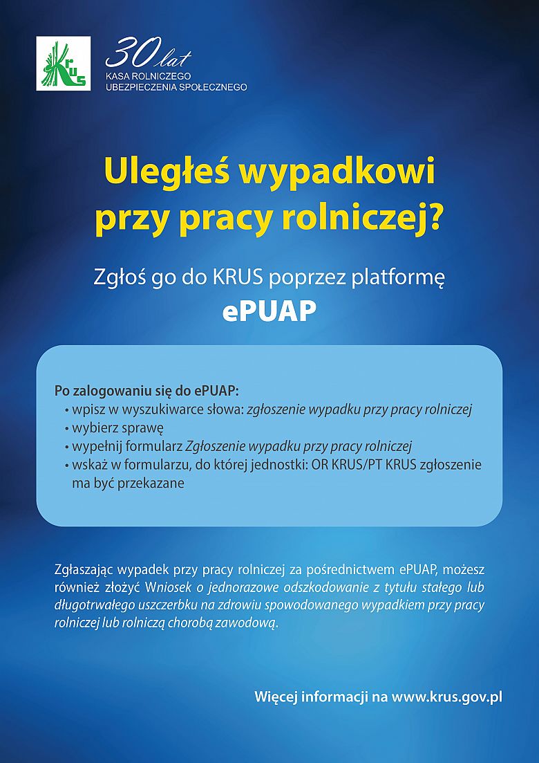 Zgłoszenie wypadku przy pracy rolniczej możliwe także przez ePUAP